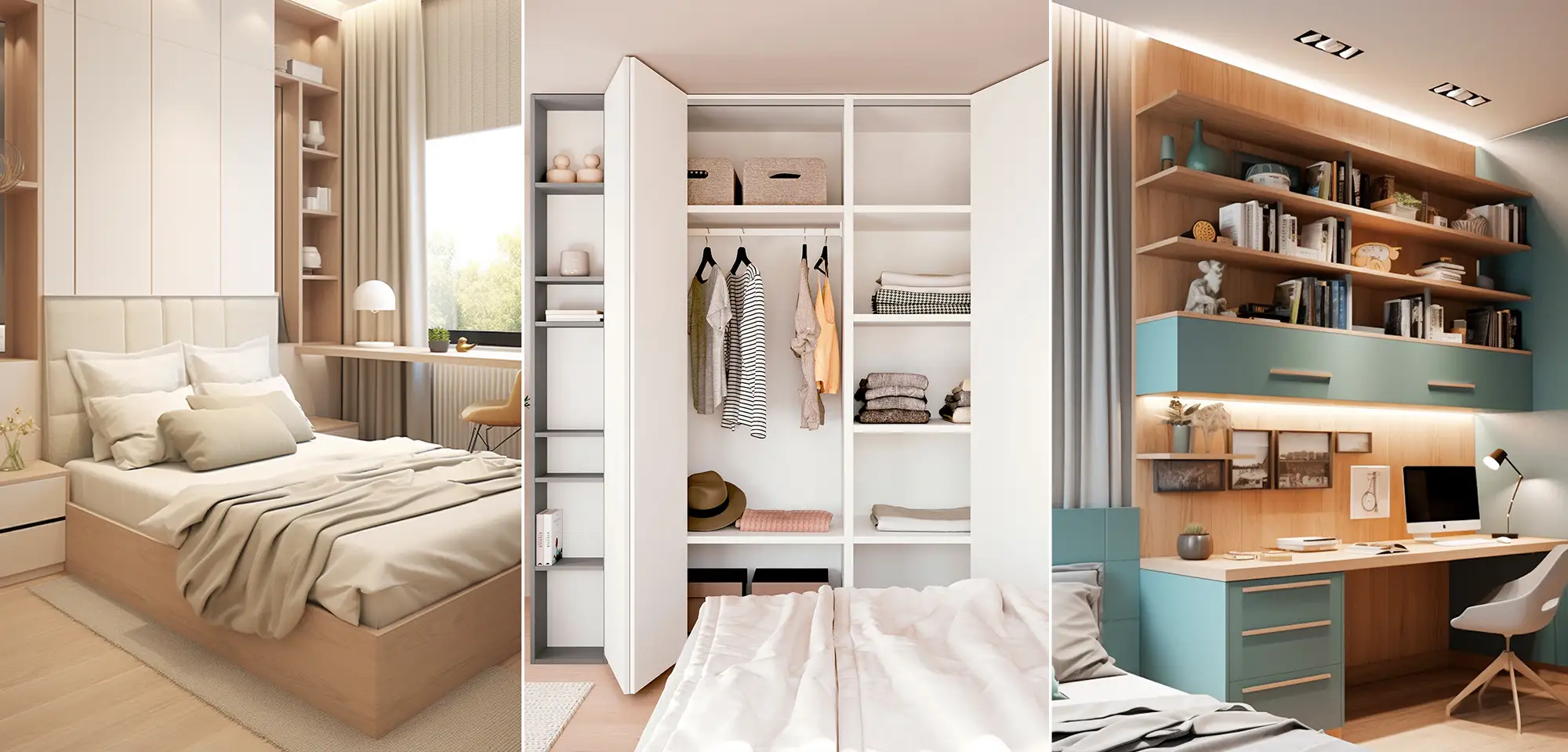 2BHK bedroom interior design with sliding wardrobe, study corner and soft lighting