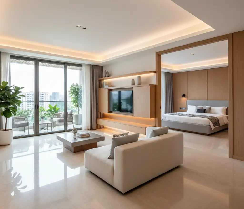 2BHK interior design modern living room with balcony and smart lighting in Navi Mumbai
