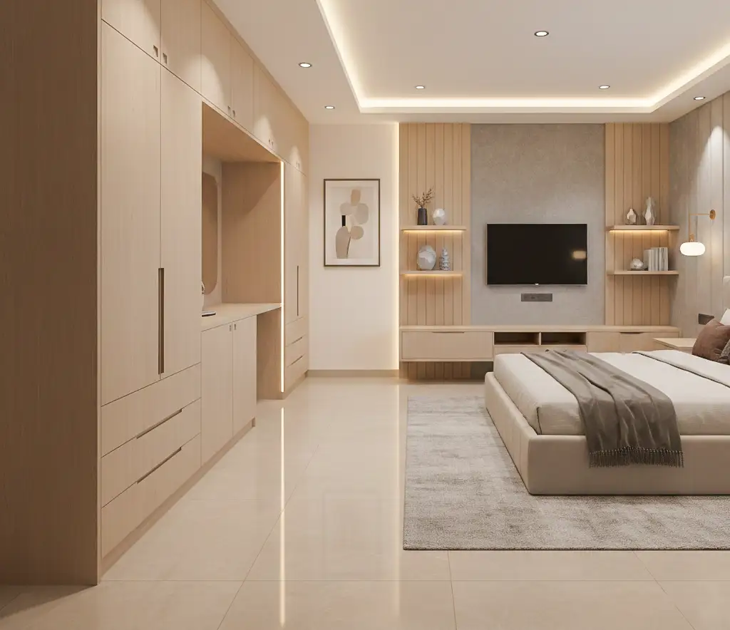 Bedroom renovation with custom wardrobe and lighting in Navi Mumbai apartment
