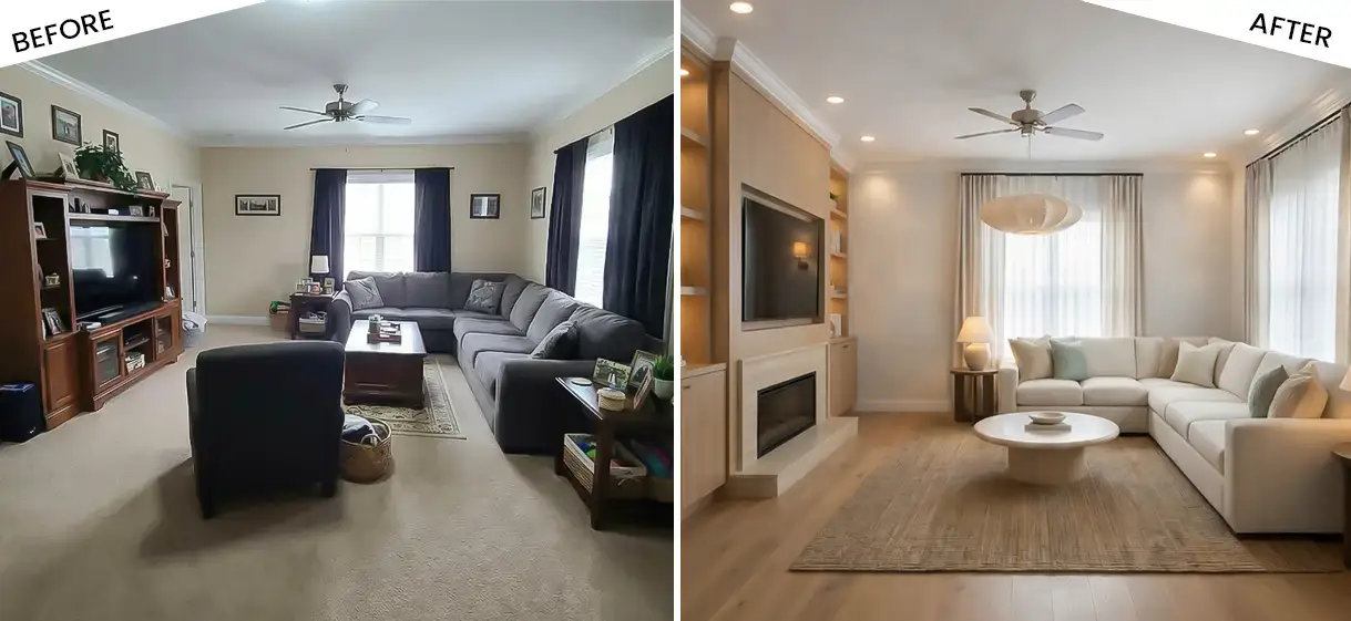Before and after interior design transformation of flat showing improved layout lighting and storage