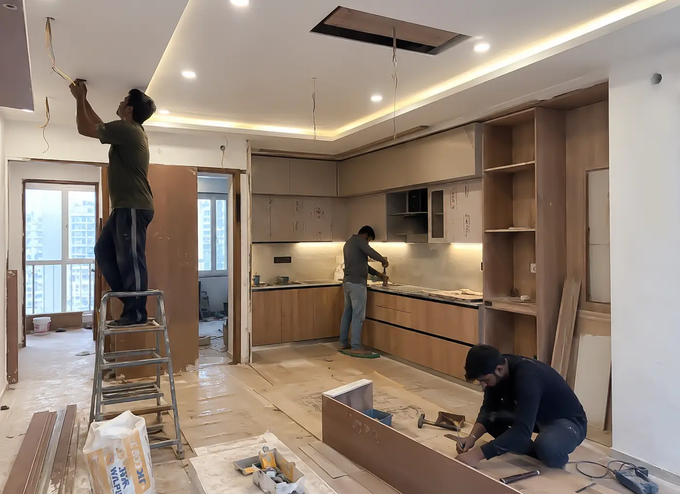 Interior work in progress for 2BHK apartment with modular kitchen and false ceiling installation in Navi Mumbai