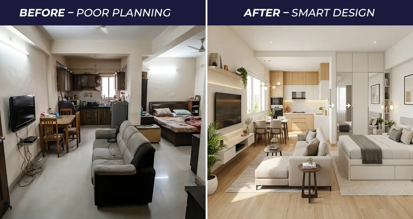 Before and after interior design showing improved layout lighting and storage