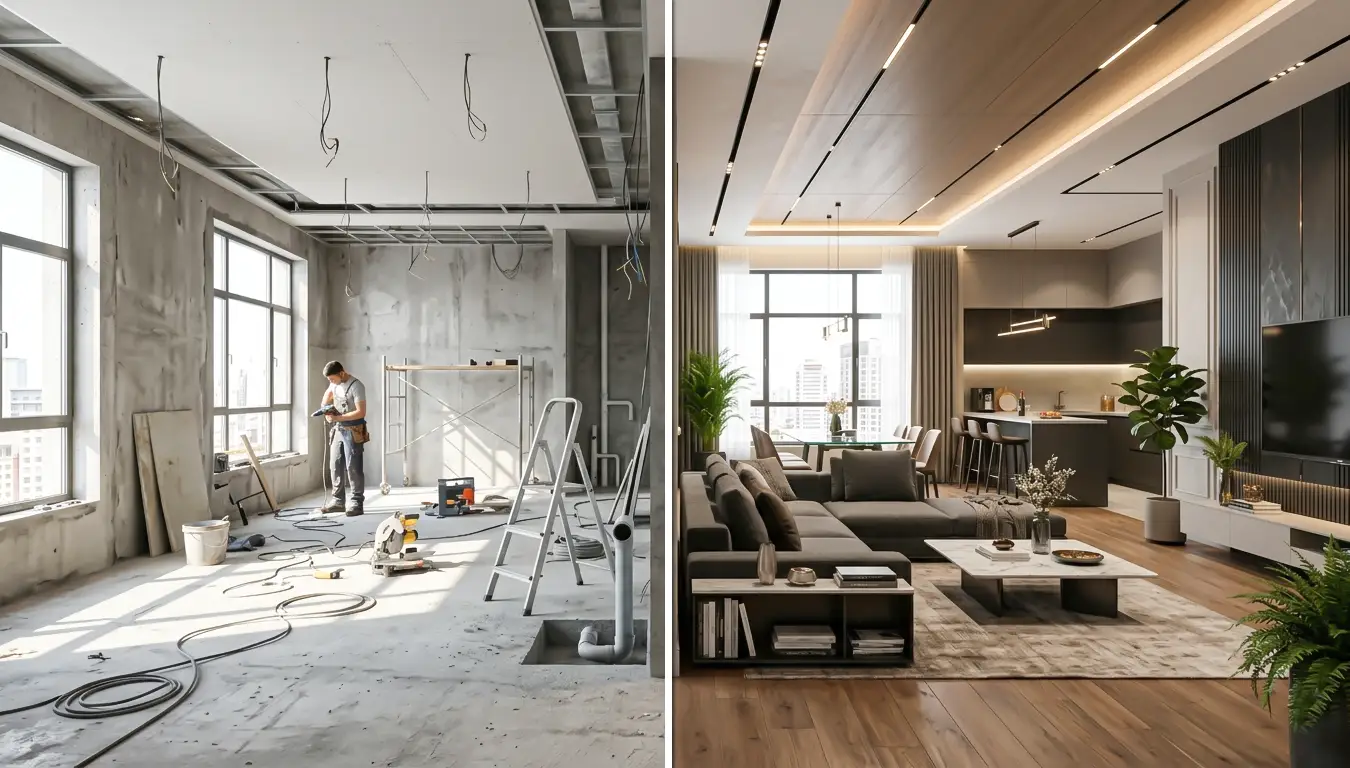 Before and after interior transformation of modern 2BHK apartment in Navi Mumbai