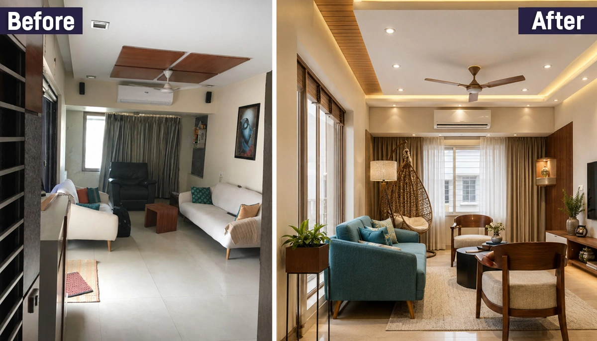 Before and after false ceiling transformation in a compact Navi Mumbai apartment living room