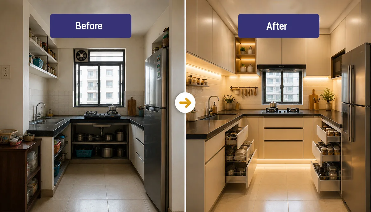 Before and after modular kitchen renovation showing improved layout and storage in a Navi Mumbai home