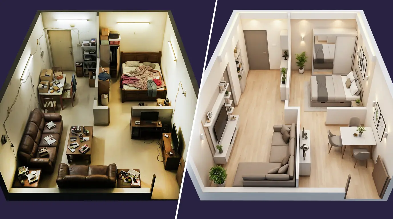 Before and after interior layout optimization for compact 1BHK flat in Navi Mumbai