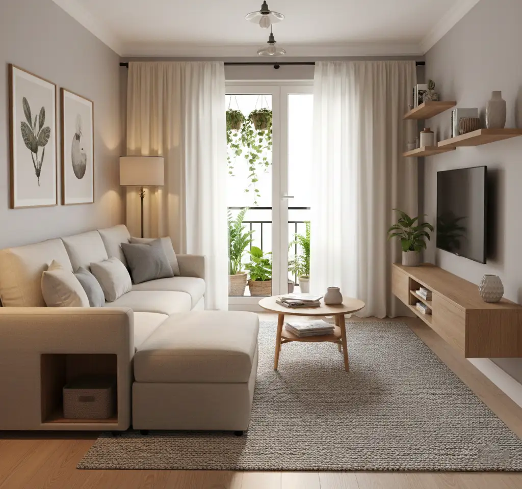 Modern living room interior design for small 1BHK flat in Navi Mumbai