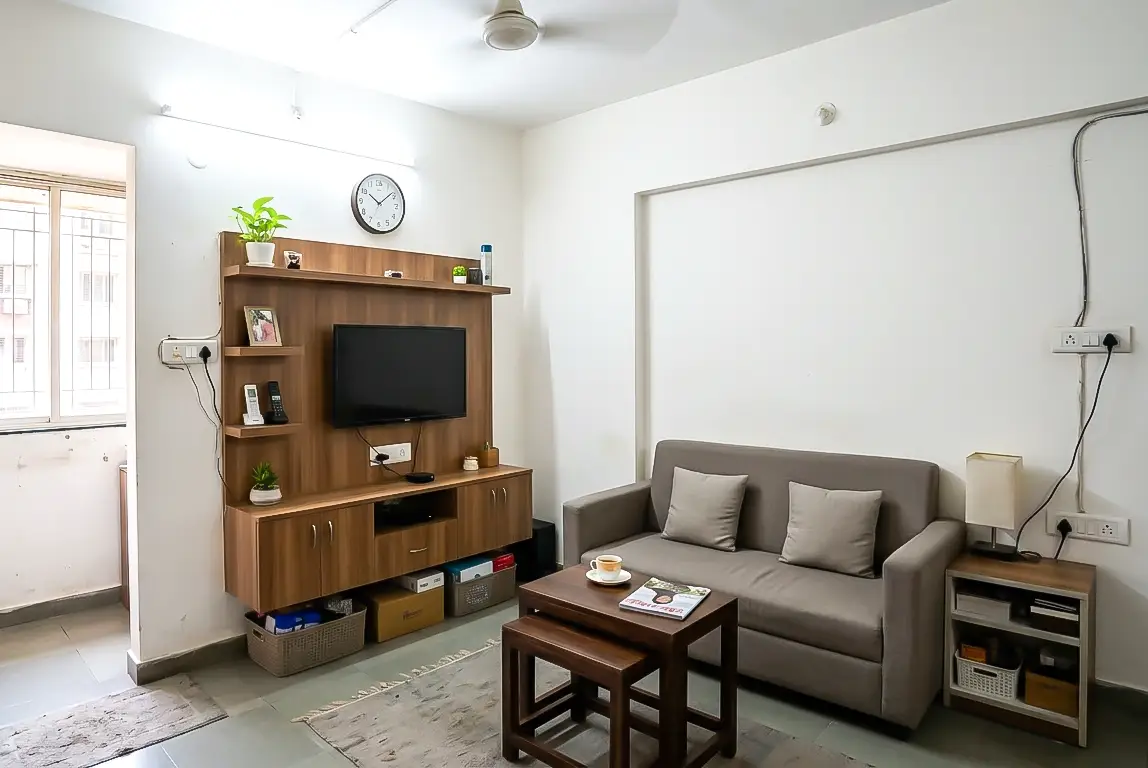 Space-saving interior design for 1BHK flat Space-saving modular and custom interior design for small 1BHK flat in Navi Mumbai