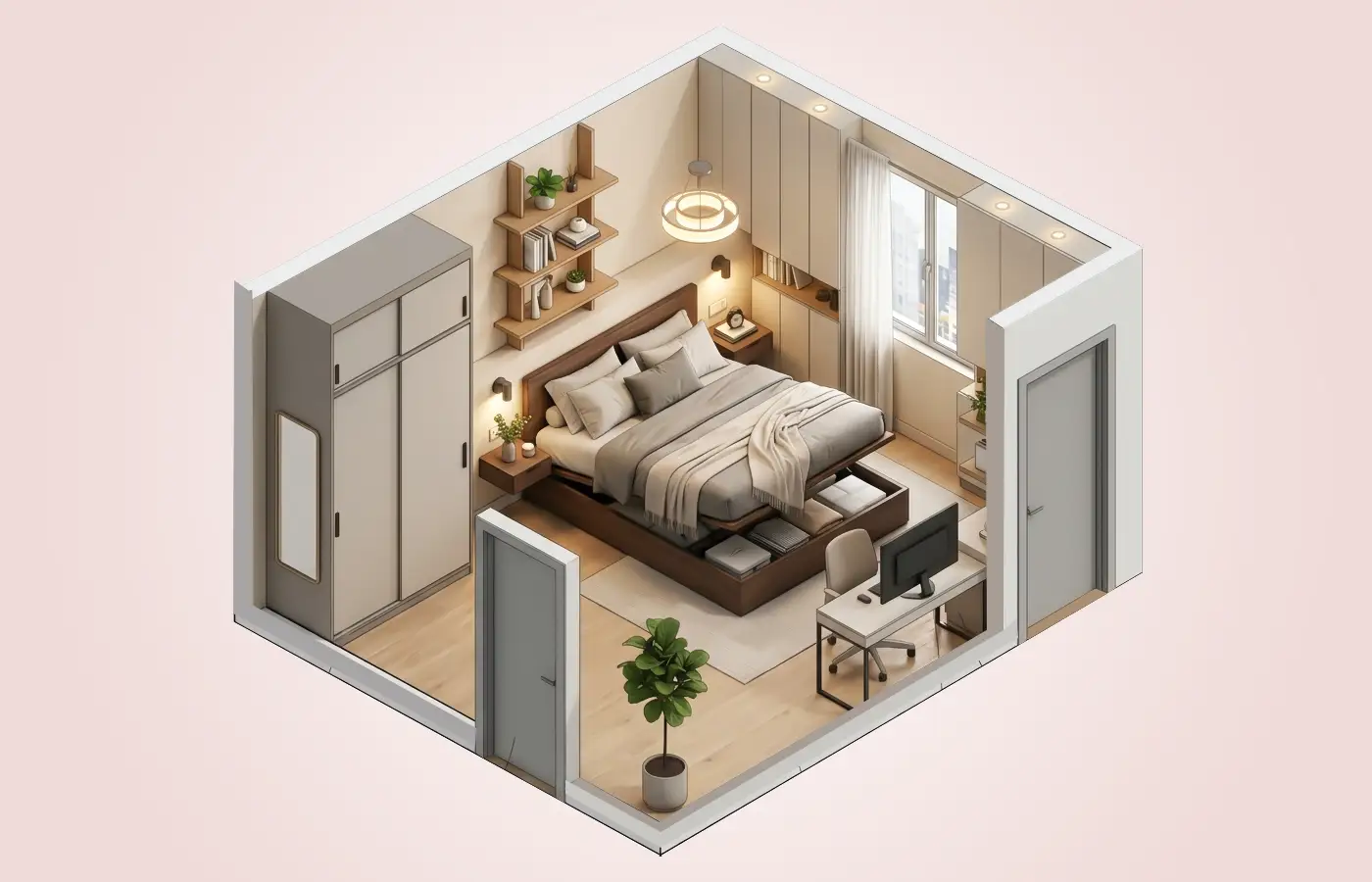 Modern bedroom interior layout with smart storage for small 1BHK flat