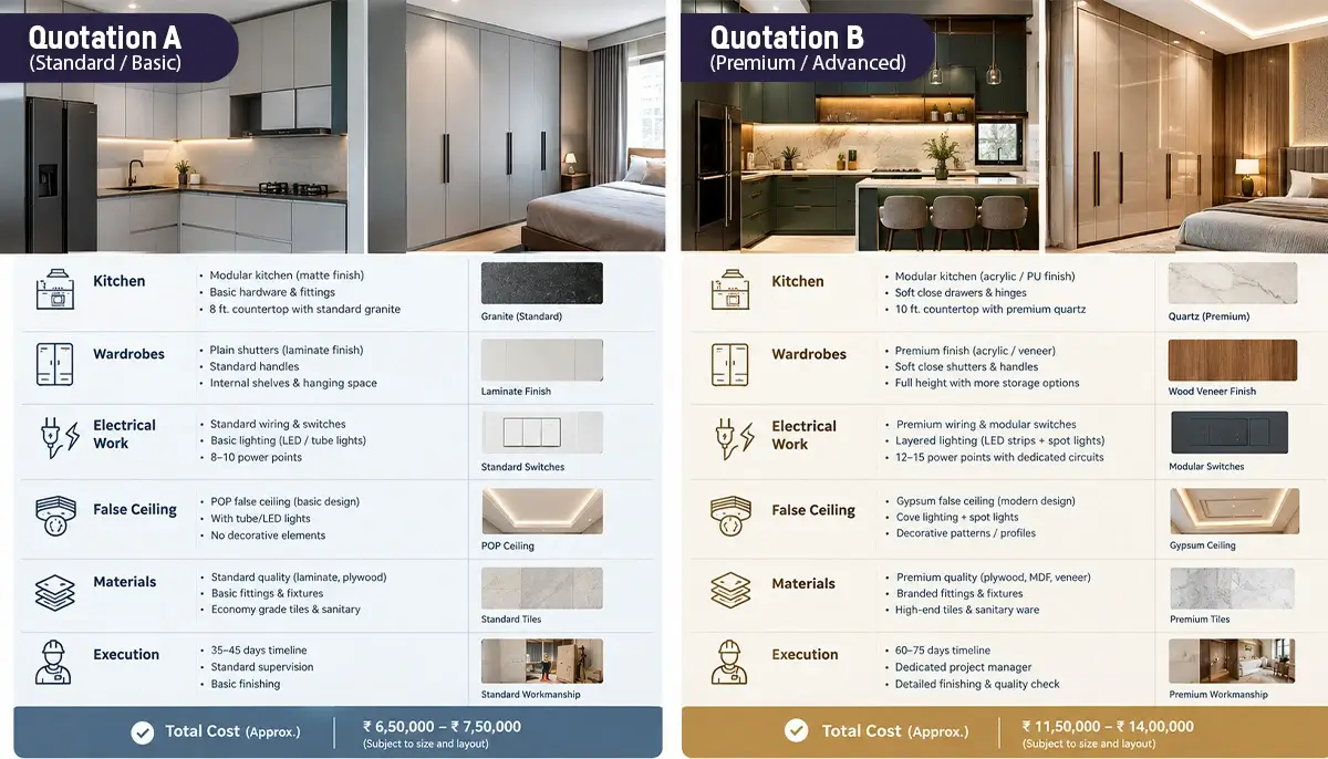 Comparing two interior design quotations for a Navi Mumbai home