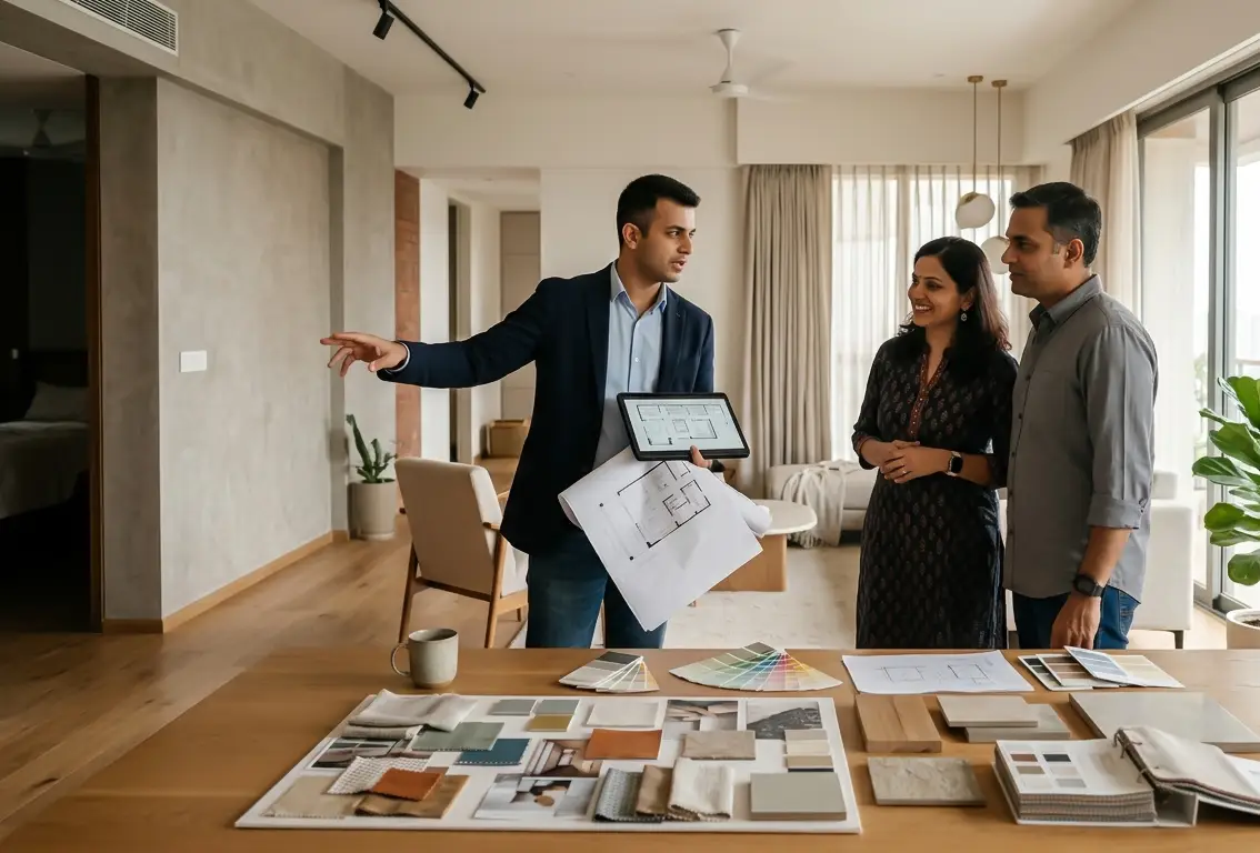 Living room layout comparison showing poor vs optimized space planning for 1BHK flat in Navi Mumbai