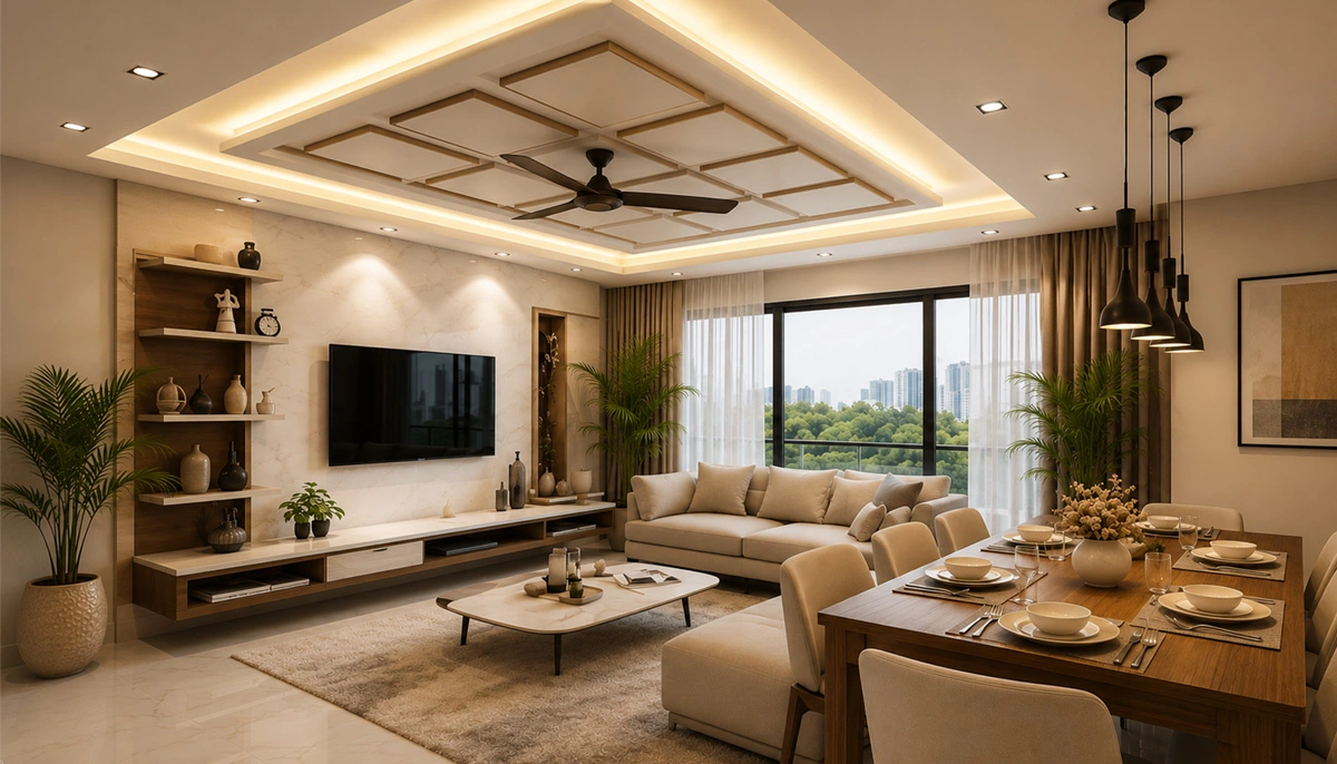 Modern false ceiling separating living and dining zones in a 2BHK apartment