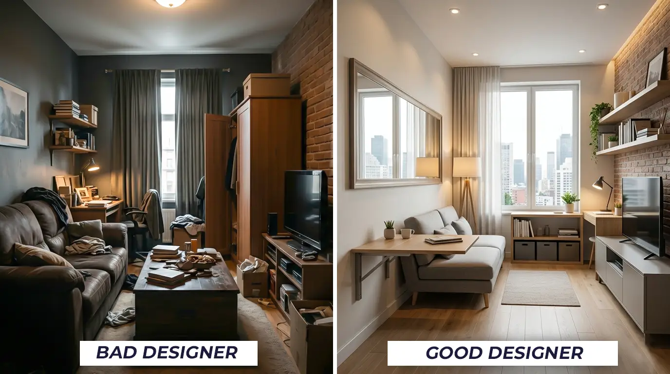 Living room layout comparison showing poor vs optimized space planning for 1BHK flat in Navi Mumbai
