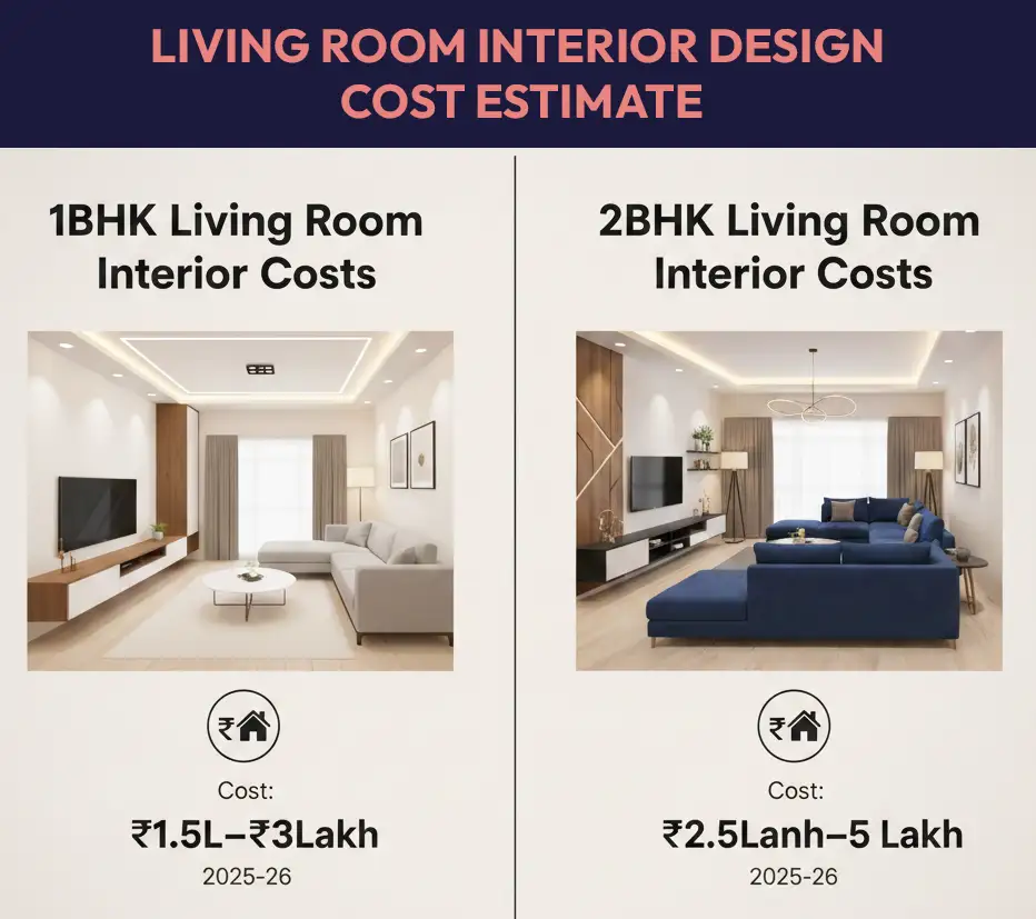 Living room interior design cost estimate for 1BHK and 2BHK flats in Navi Mumbai