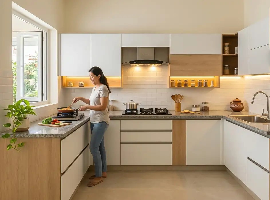Modular kitchen design showing best cooking direction as per Vastu principles