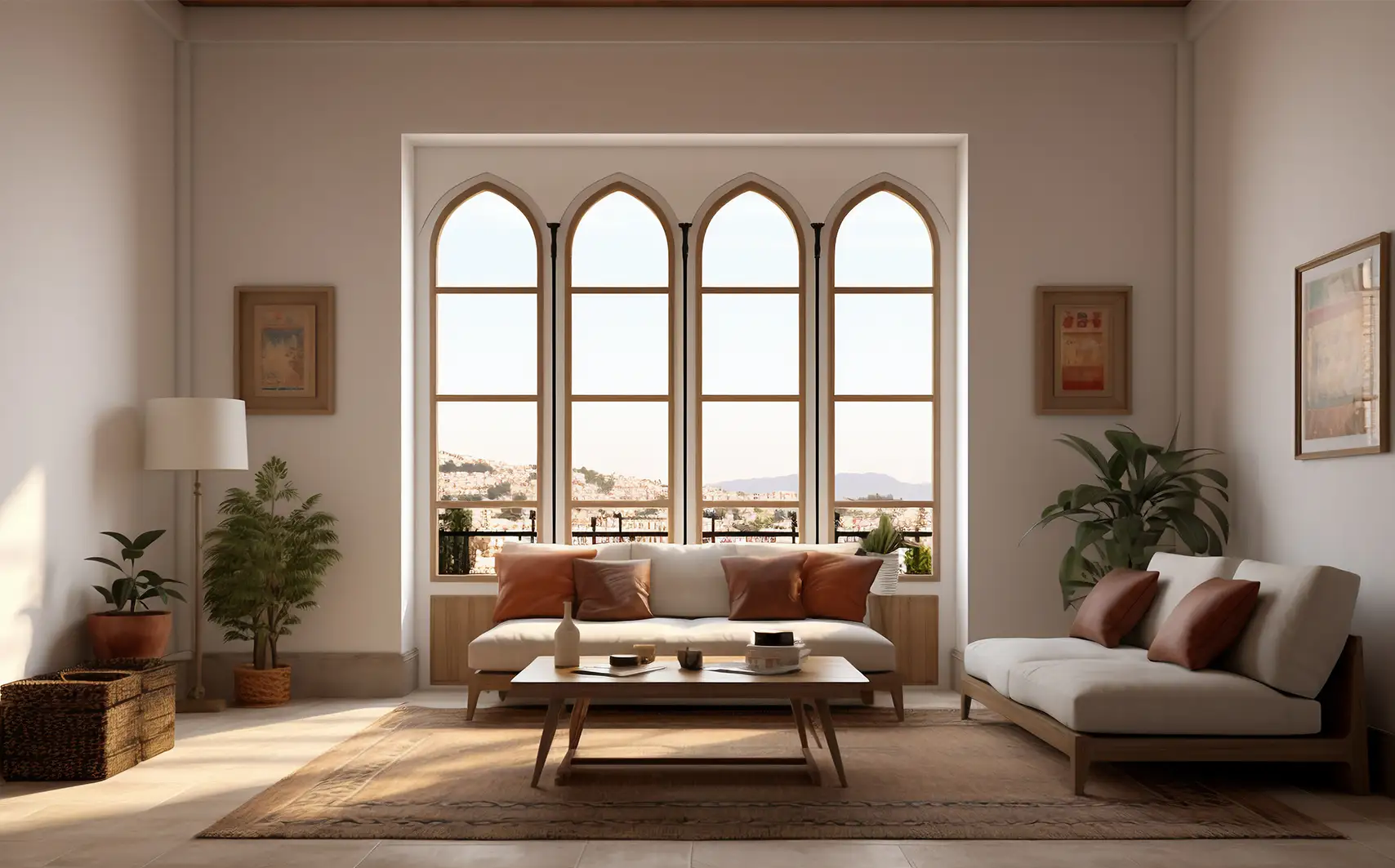 Sunlit bedroom interior with large windows and sheer curtains