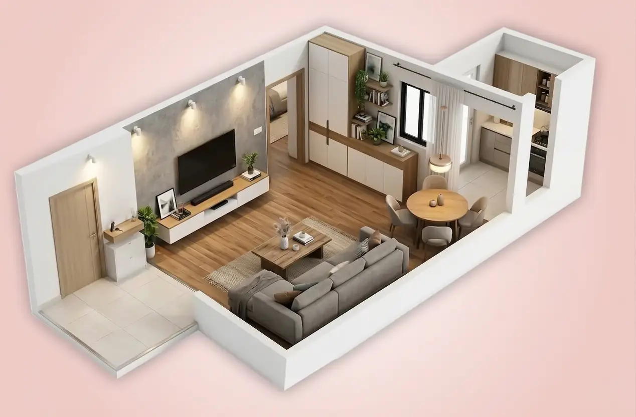 Space-saving living room interior layout for small 1BHK apartment in Navi Mumbai