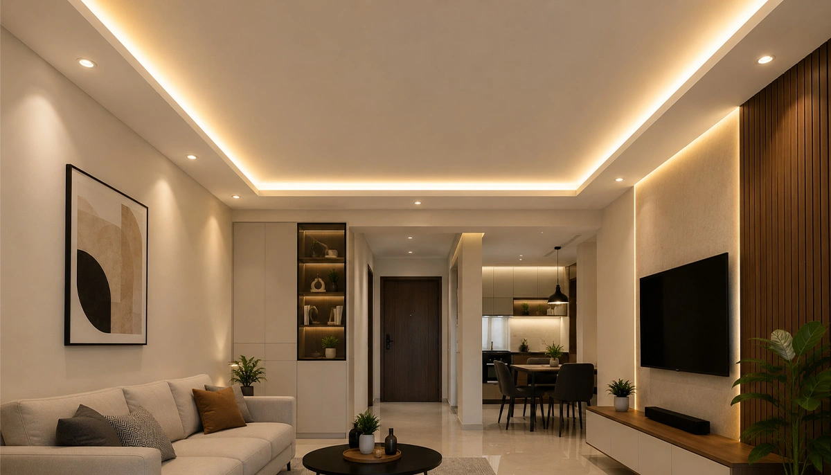 Simple false ceiling with concealed lighting in a small 1BHK living room