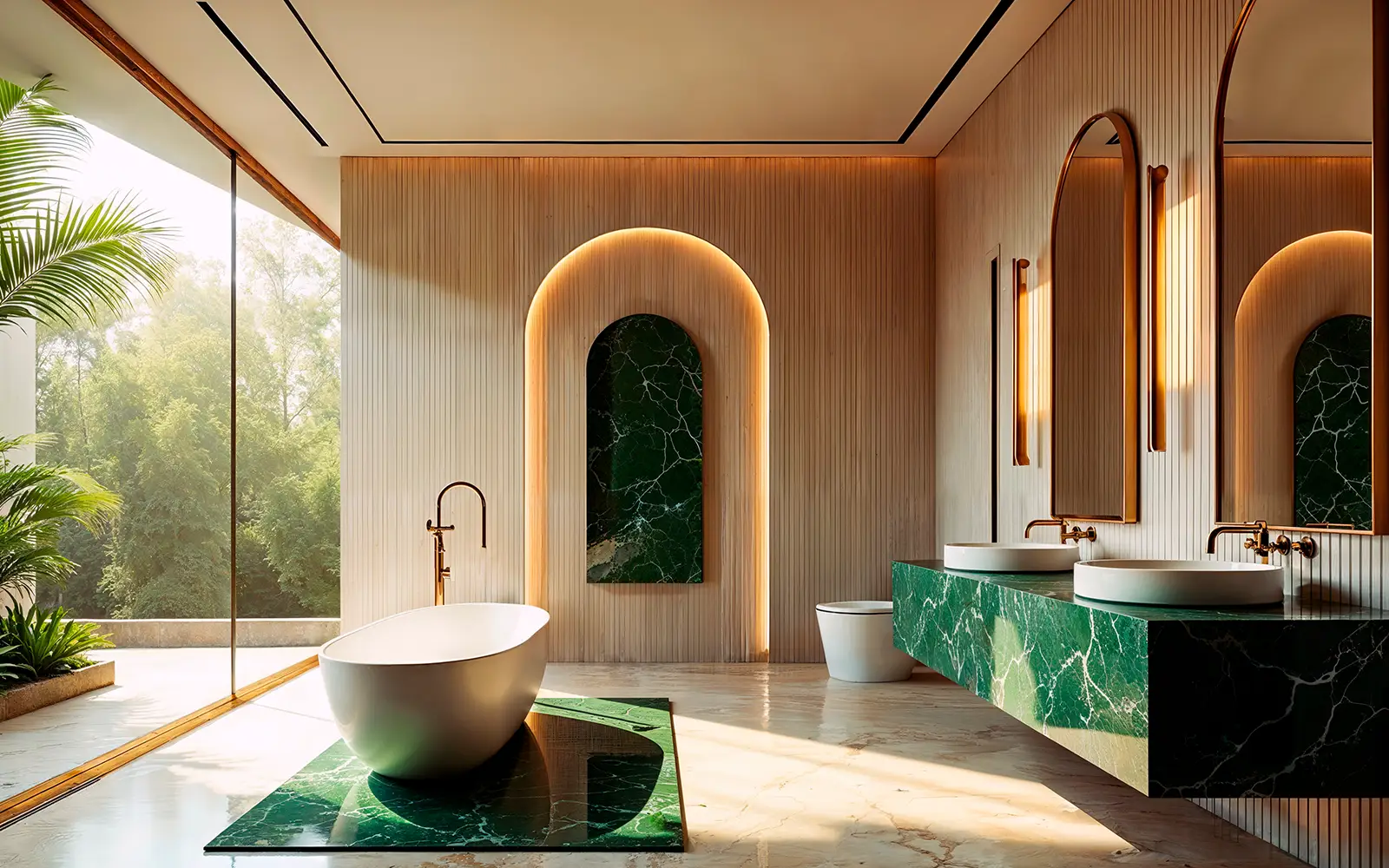 Luxury Spa-Like Bathroom Design Trends Stone counters, matte fittings and greenery giving a spa-calm bathroom feel