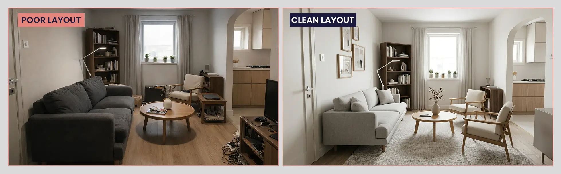 Living room layout comparison showing poor vs optimized space planning for 1BHK flat in Navi Mumbai