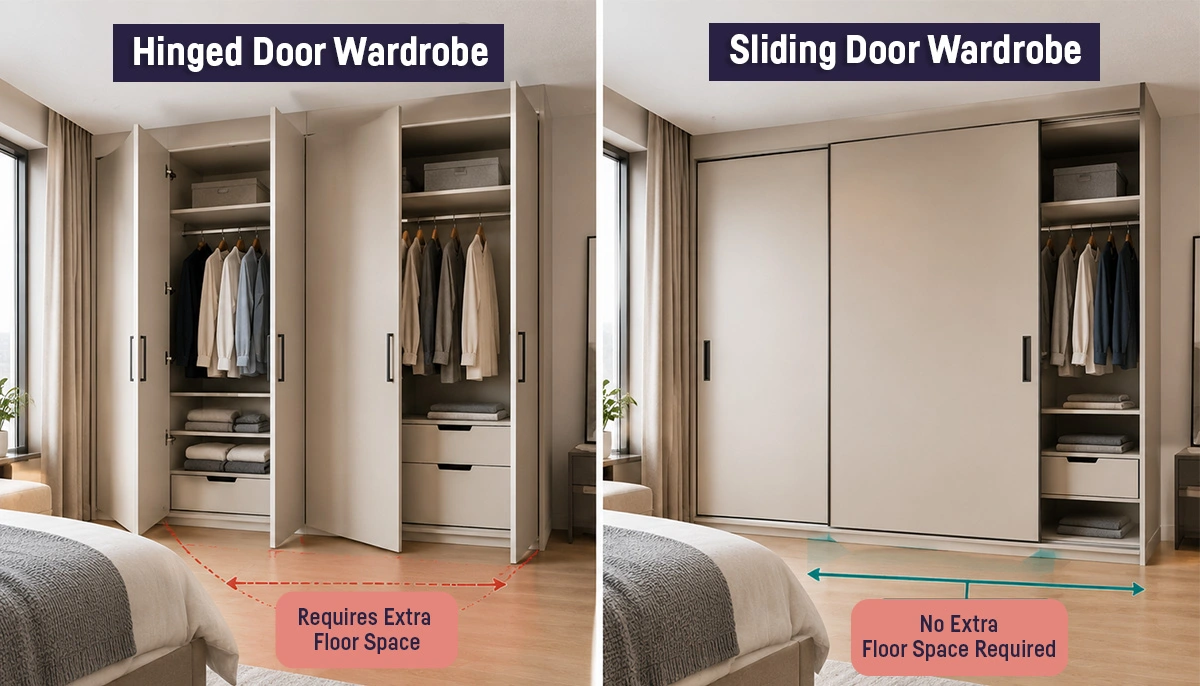 Sliding and hinged wardrobe options for 1BHK and 2BHK bedrooms