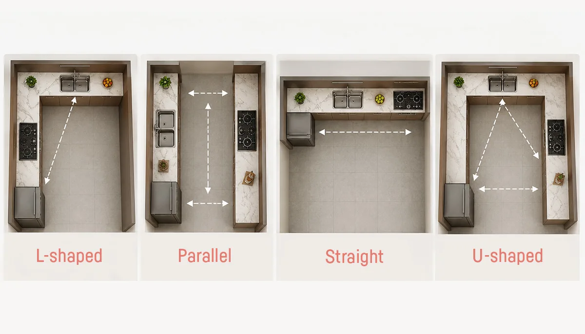Comparison of L-shaped, parallel, straight and U-shaped modular kitchen layouts for small apartments in Navi Mumbai