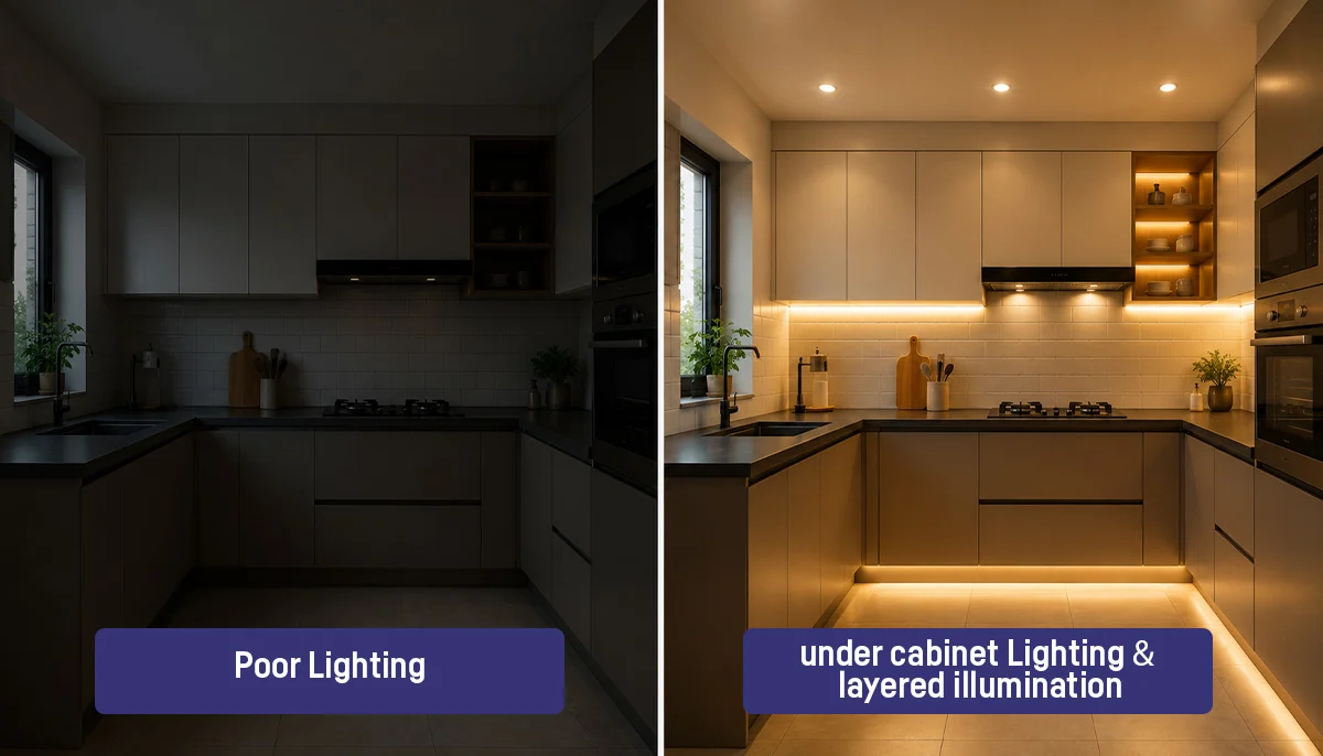  Before and after modular kitchen showing layered lighting for better visibility and spaciousness